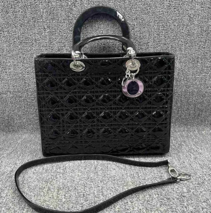 Dior Lady Large Black Patent Leather Satchel Bag