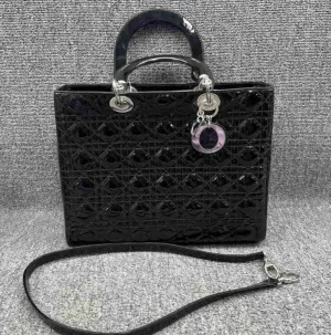 Dior Lady Large Black Patent Leather Satchel Bag