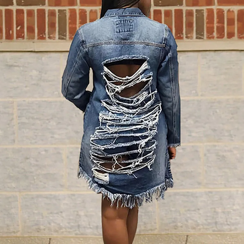 Distressed Cutout Fringe Hem Casual Coat
