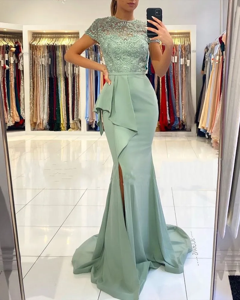 Dusty Sage High neck Lace column Long Buttons Split Short sleeves Evening Dress