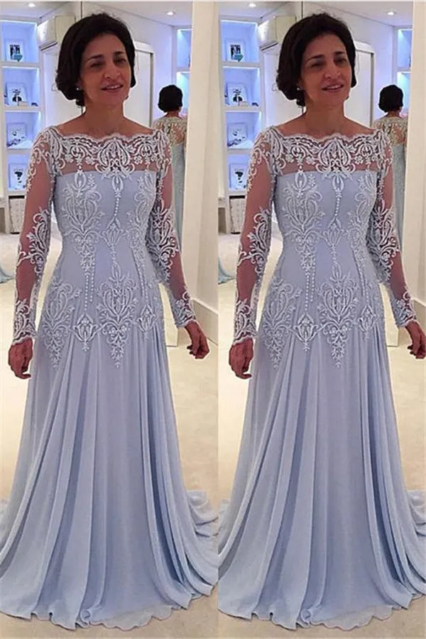 Elegant A-line Lace Long-Sleeve Mother-the-bride Dress