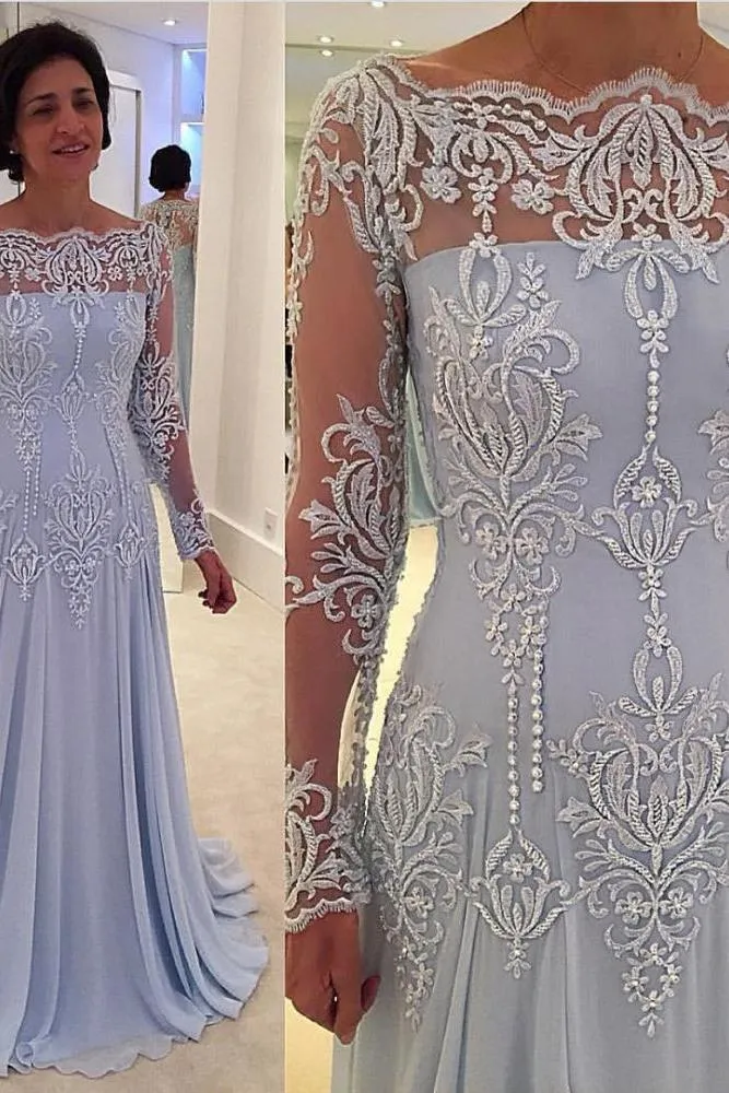 Elegant A-line Lace Long-Sleeve Mother-the-bride Dress