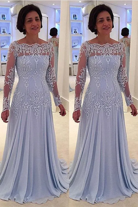 Elegant A-line Lace Long-Sleeve Mother-the-bride Dress