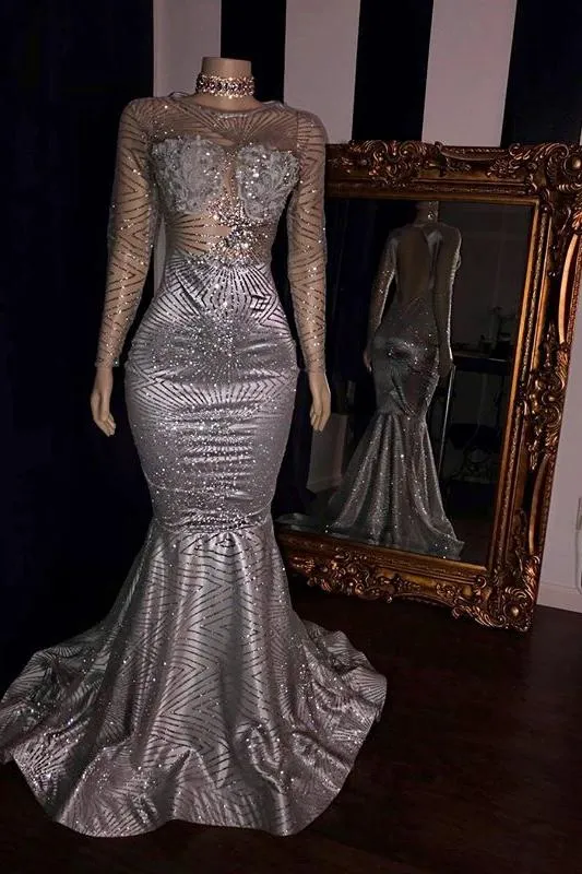 Elegant Appliques Sheer Tulle Prom Dresses Sliver Long Sleevess Mermaid Evening Gowns