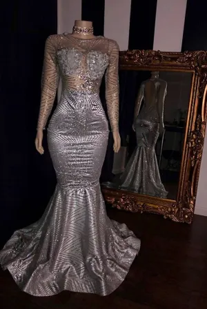Elegant Appliques Sheer Tulle Prom Dresses Sliver Long Sleevess Mermaid Evening Gowns