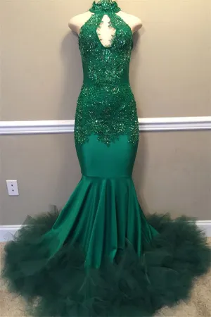 Elegant Beads Appliques Halter Prom Dresses Fit and Flare Sleeveless Tulle Evening Gowns
