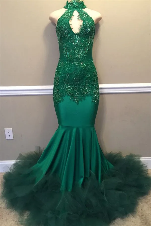 Elegant Beads Appliques Halter Prom Dresses Fit and Flare Sleeveless Tulle Evening Gowns