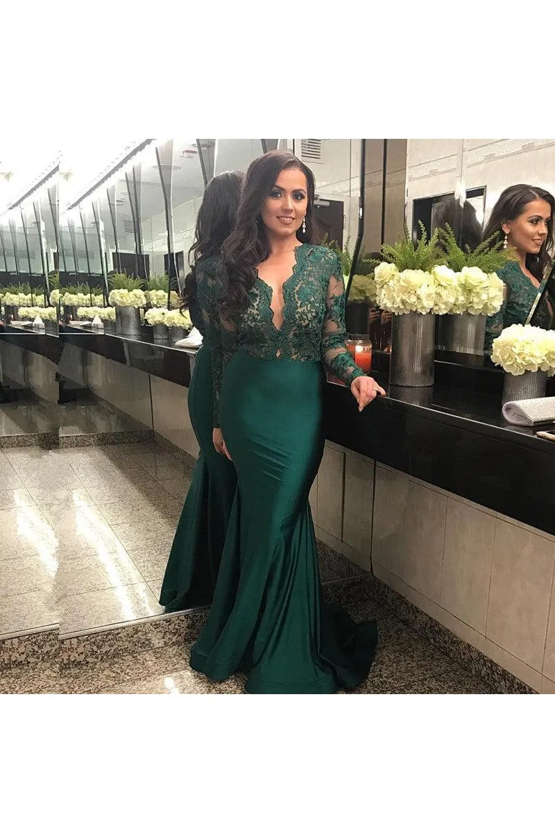 Elegant Long Sleeves Lace Prom Party GownsMermaid Green Women's Party Dress
