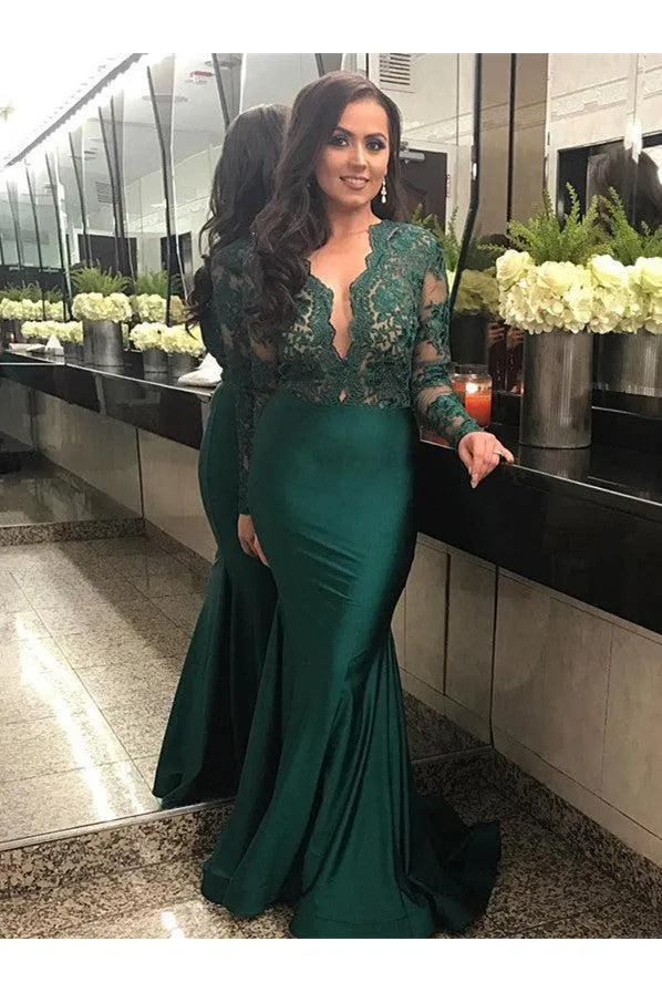 Elegant Long Sleeves Lace Prom Party GownsMermaid Green Women's Party Dress
