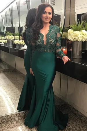 Elegant Long Sleeves Lace Prom Party GownsMermaid Green Women's Party Dress