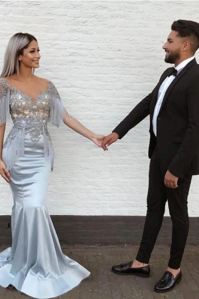 Elegant Mermaid Sky Blue Evening Gowns V-Neck Prom Dresses with Tassels