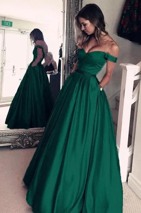 Elegant Off-the-Shoulder Evening Dress Green Long Prom Party Gowns