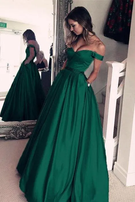 Elegant Off-the-Shoulder Evening Dress Green Long Prom Party Gowns