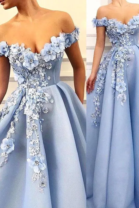 Elegant Off-The-Shoulder Flower Appliques Sleeveless A-Line Prom Party Gowns