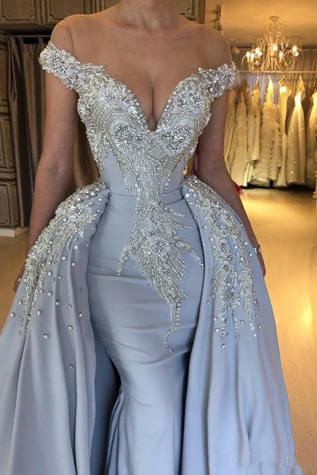 Elegant Sky Blue Mermaid Off-the-Shoulder Prom Dresses Sweetheart Discount Overskirt Evening Dresses On Sale
