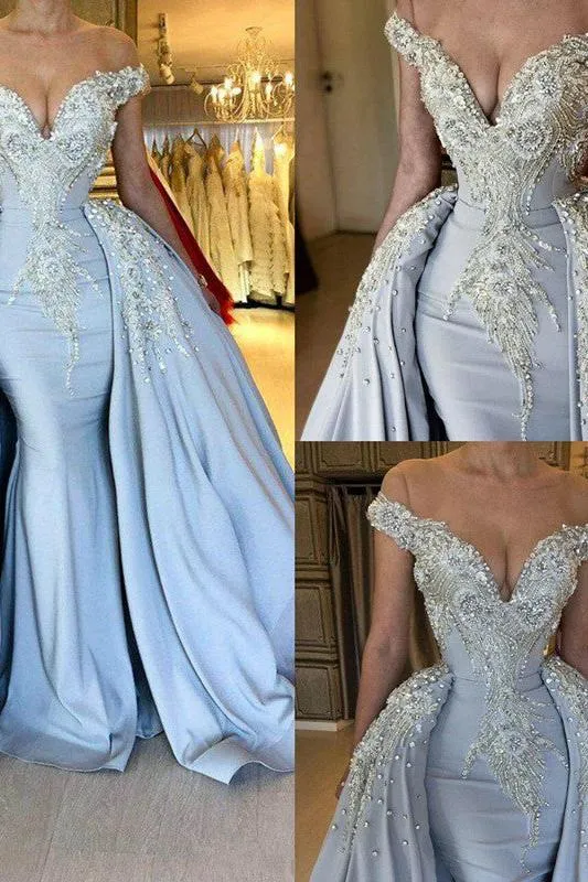 Elegant Sky Blue Mermaid Off-the-Shoulder Prom Dresses Sweetheart Discount Overskirt Evening Dresses On Sale