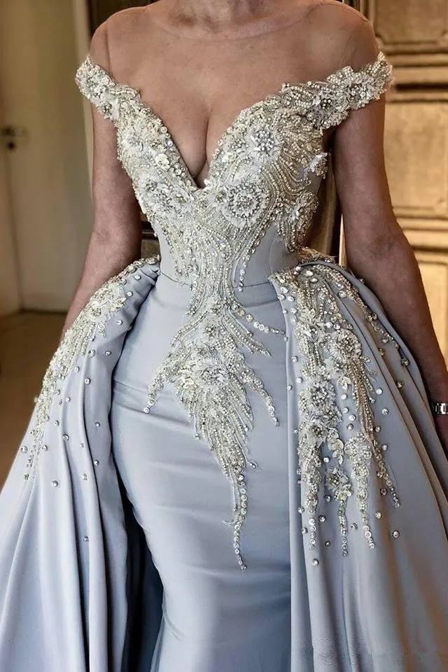 Elegant Sky Blue Mermaid Off-the-Shoulder Prom Dresses Sweetheart Discount Overskirt Evening Dresses On Sale