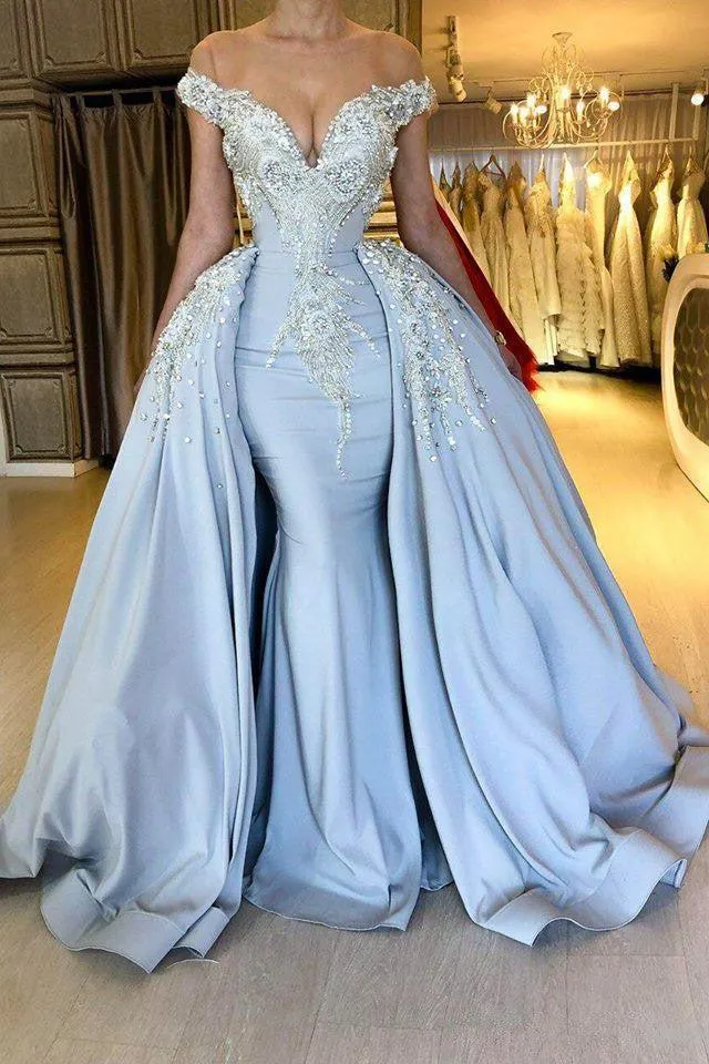 Elegant Sky Blue Mermaid Off-the-Shoulder Prom Dresses Sweetheart Discount Overskirt Evening Dresses On Sale