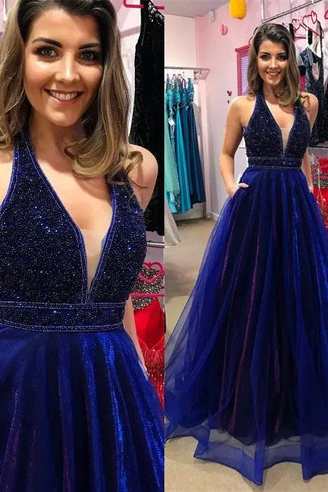 Elegant V-Neck Evening Dress Prom Party Gowns with Beadings