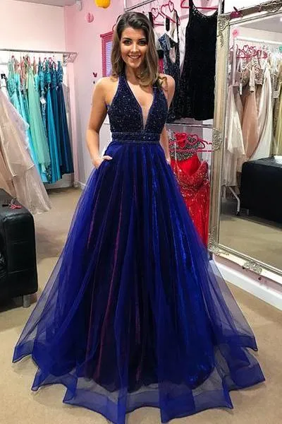 Elegant V-Neck Evening Dress Prom Party Gowns with Beadings