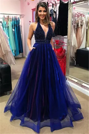 Elegant V-Neck Evening Dress Prom Party Gowns with Beadings