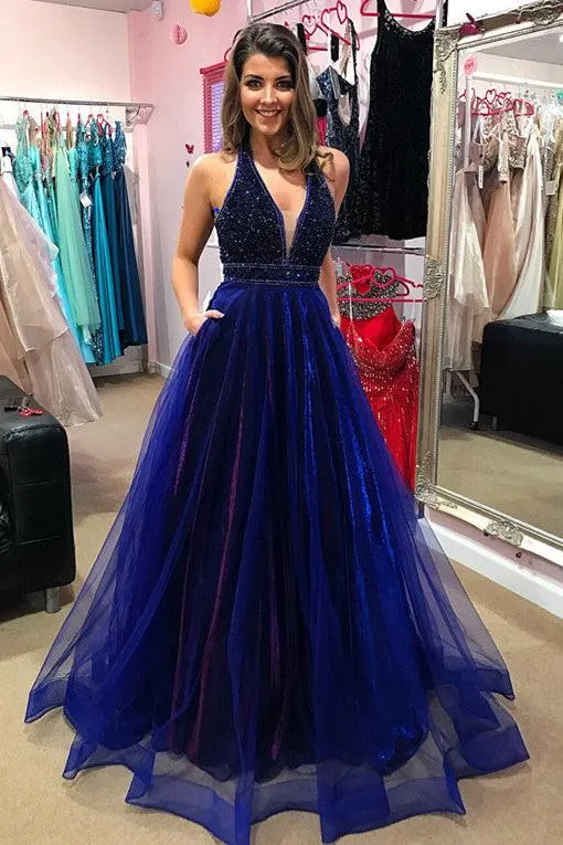 Elegant V-Neck Evening Dress Prom Party Gowns with Beadings