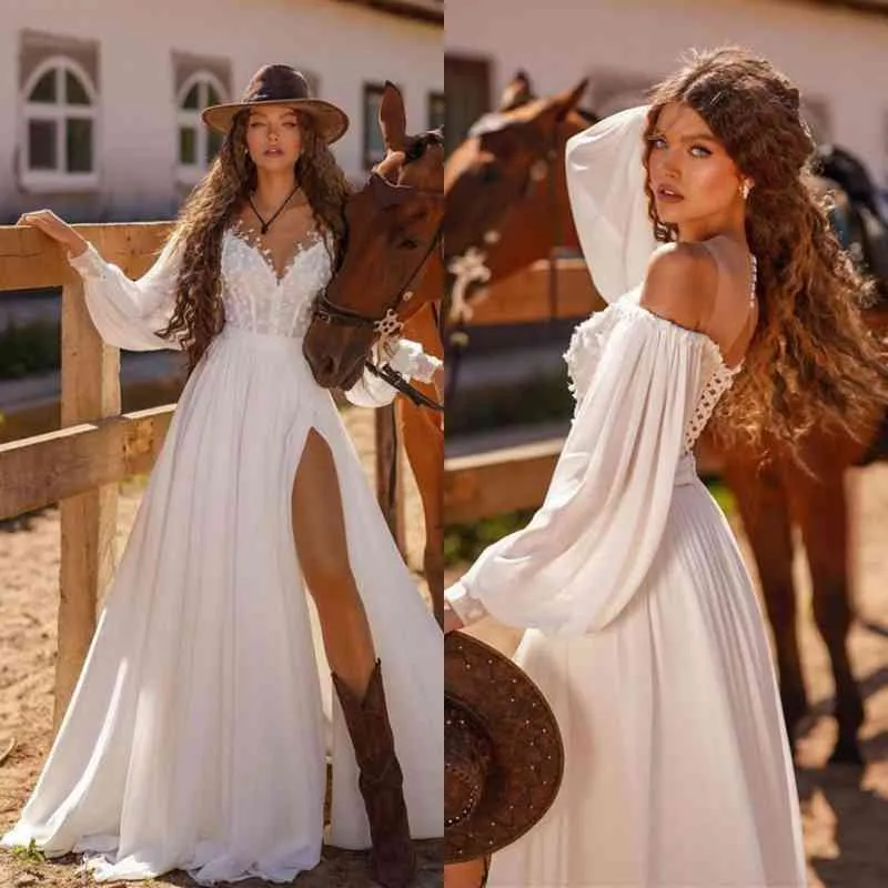 Elegant White Long Sleeves Prom Dress Slit Long With Lace Appliques