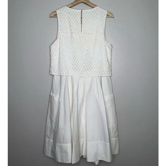 Eliza J Eyelet Detail Fit and Flare Knee Length Dress White Pockets Size 12