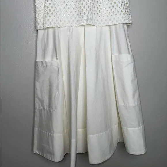 Eliza J Eyelet Detail Fit and Flare Knee Length Dress White Pockets Size 12