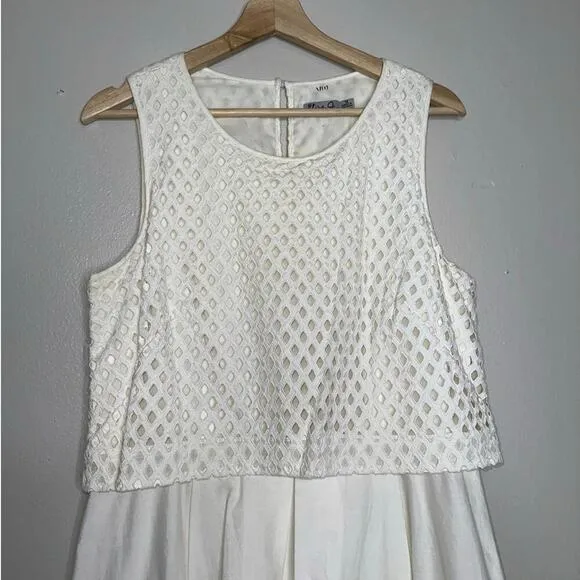 Eliza J Eyelet Detail Fit and Flare Knee Length Dress White Pockets Size 12