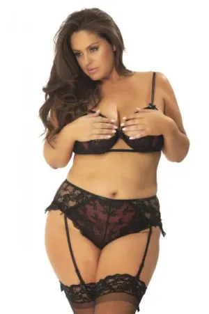 Ellie Lace Cup Bra and High Waisted Panty - Black/Zinfandel - Size