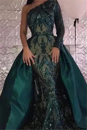 Emerald green Long Sleevess Mermaid One Shoulder Sequins Evening Dresses with Overskirt