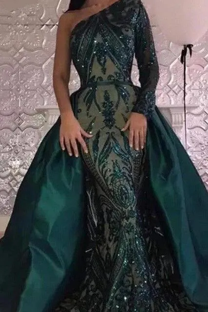 Emerald green Long Sleevess Mermaid One Shoulder Sequins Evening Dresses with Overskirt