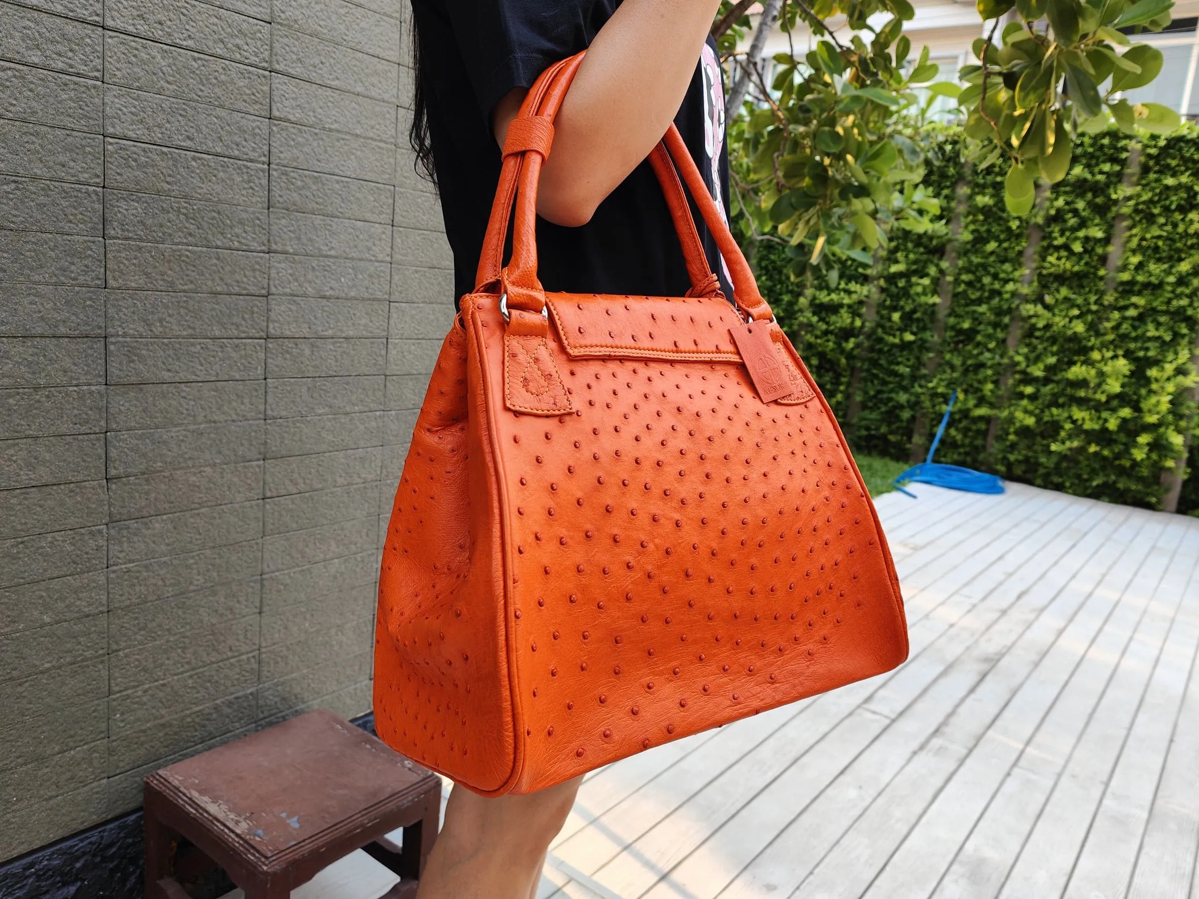 Exotic Orange Genuine Ostrich Skin Leather Handbag