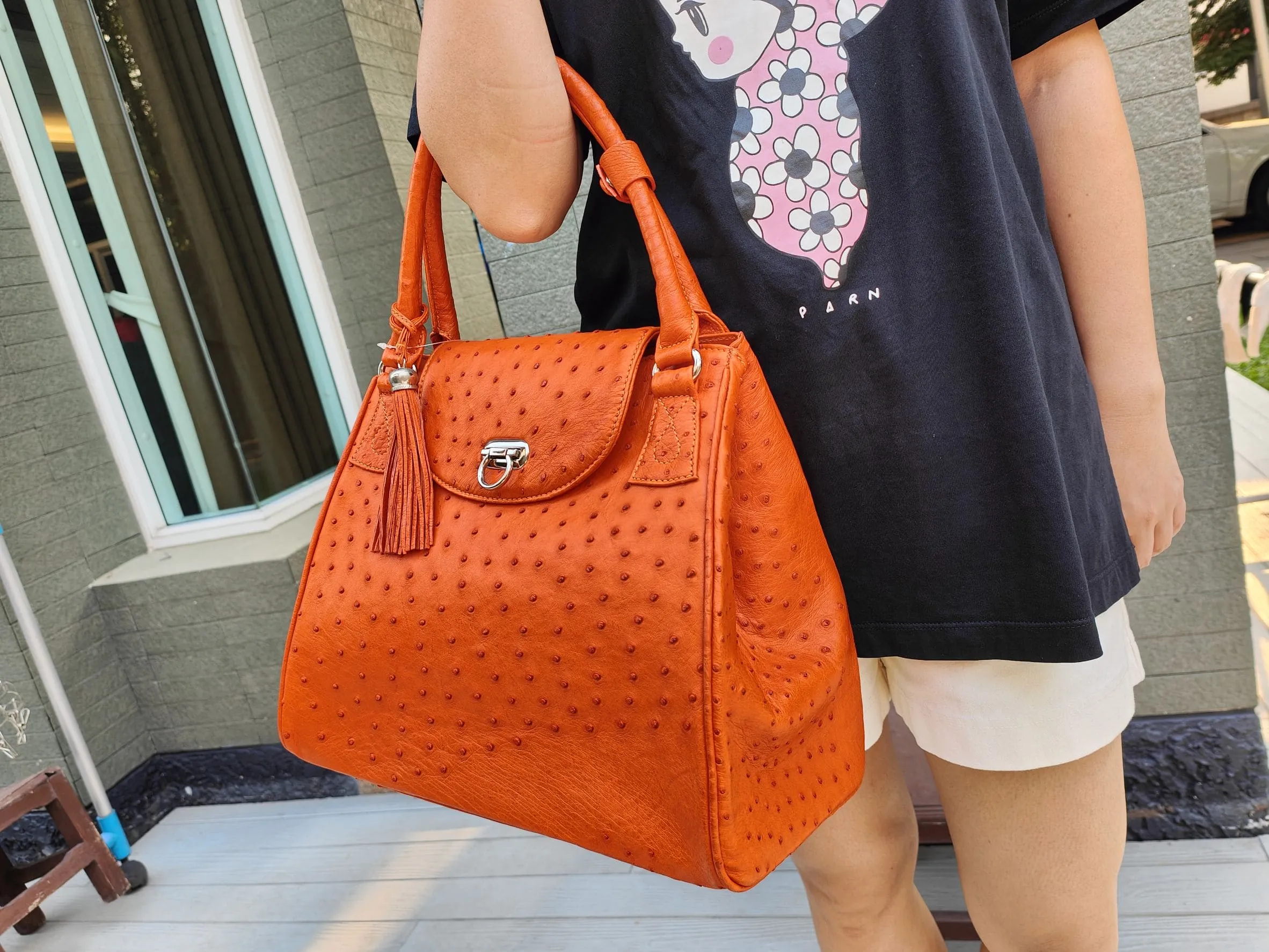 Exotic Orange Genuine Ostrich Skin Leather Handbag