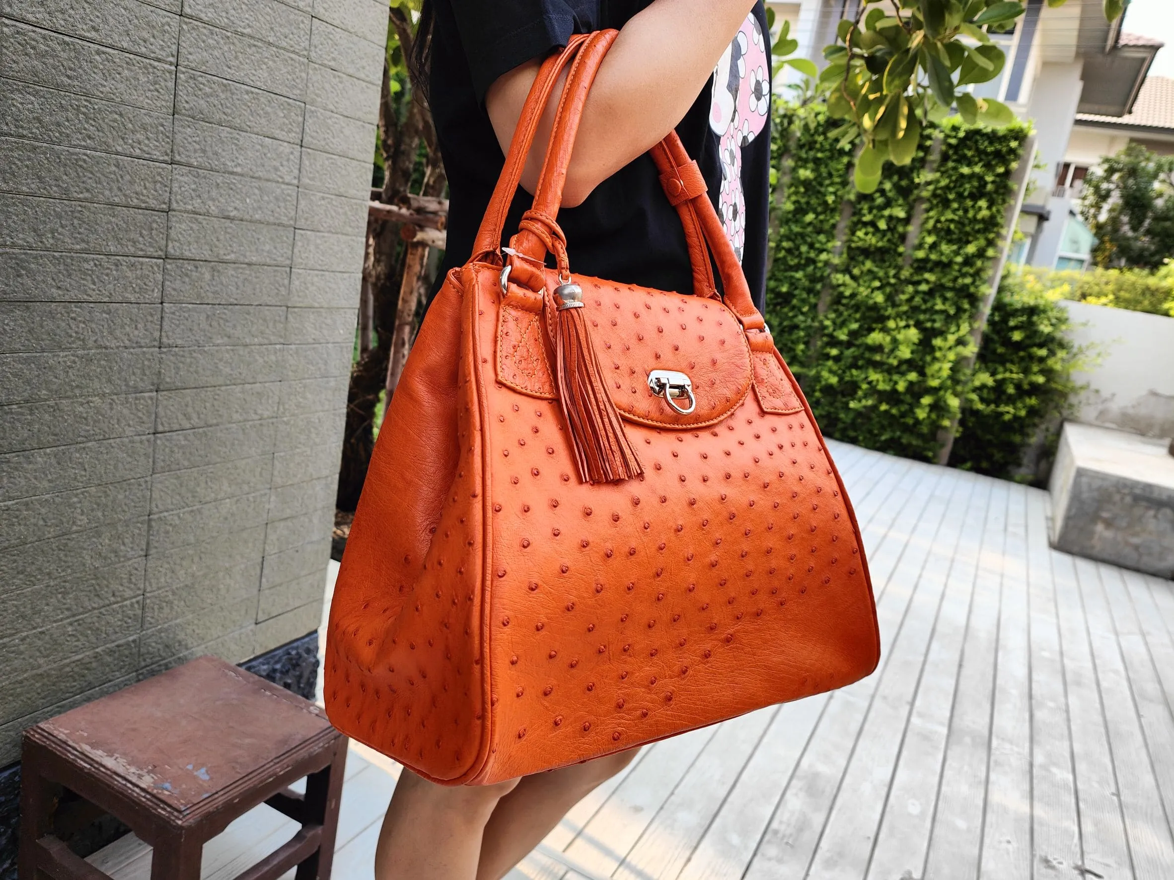 Exotic Orange Genuine Ostrich Skin Leather Handbag