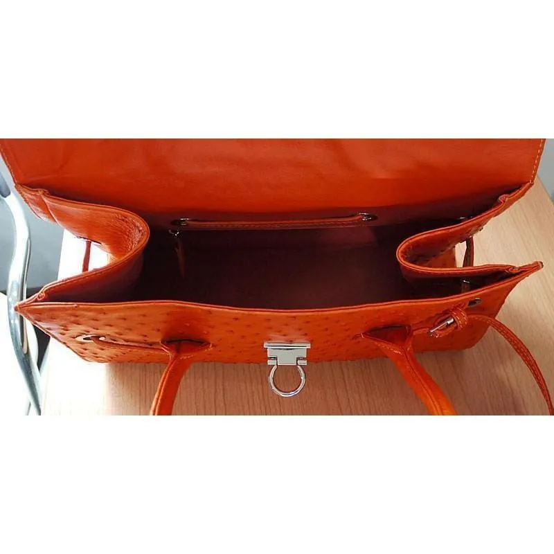 Exotic Orange Genuine Ostrich Skin Leather Handbag