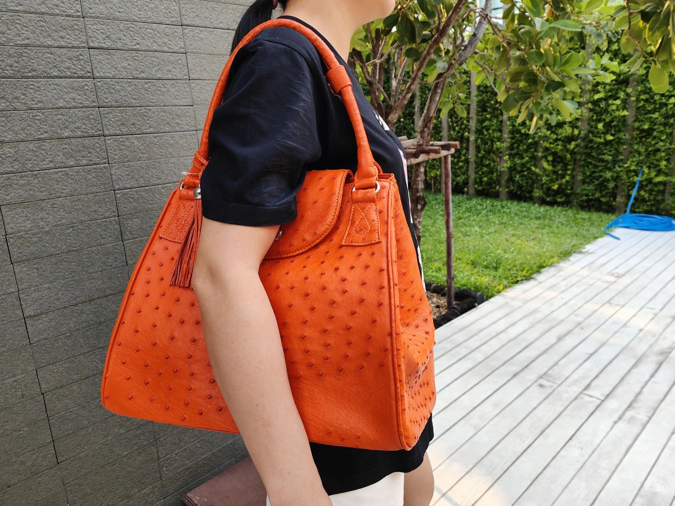 Exotic Orange Genuine Ostrich Skin Leather Handbag