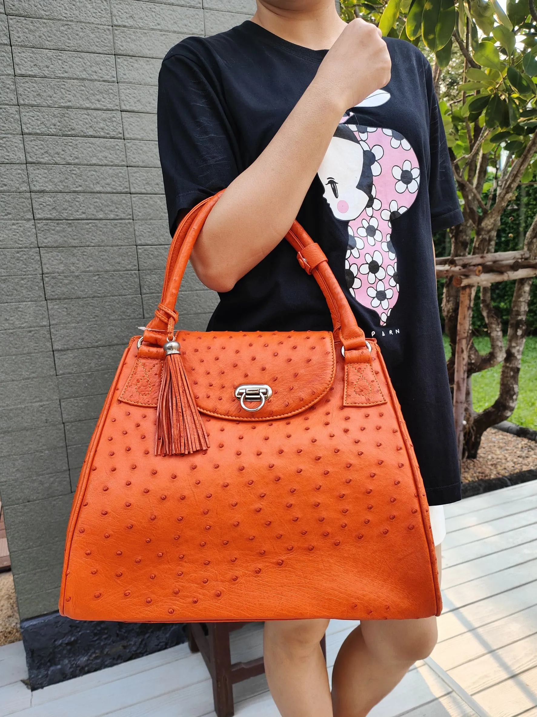 Exotic Orange Genuine Ostrich Skin Leather Handbag