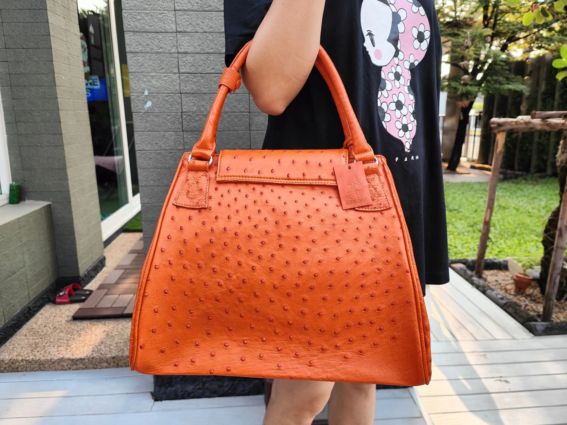 Exotic Orange Genuine Ostrich Skin Leather Handbag