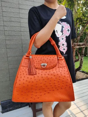 Exotic Orange Genuine Ostrich Skin Leather Handbag