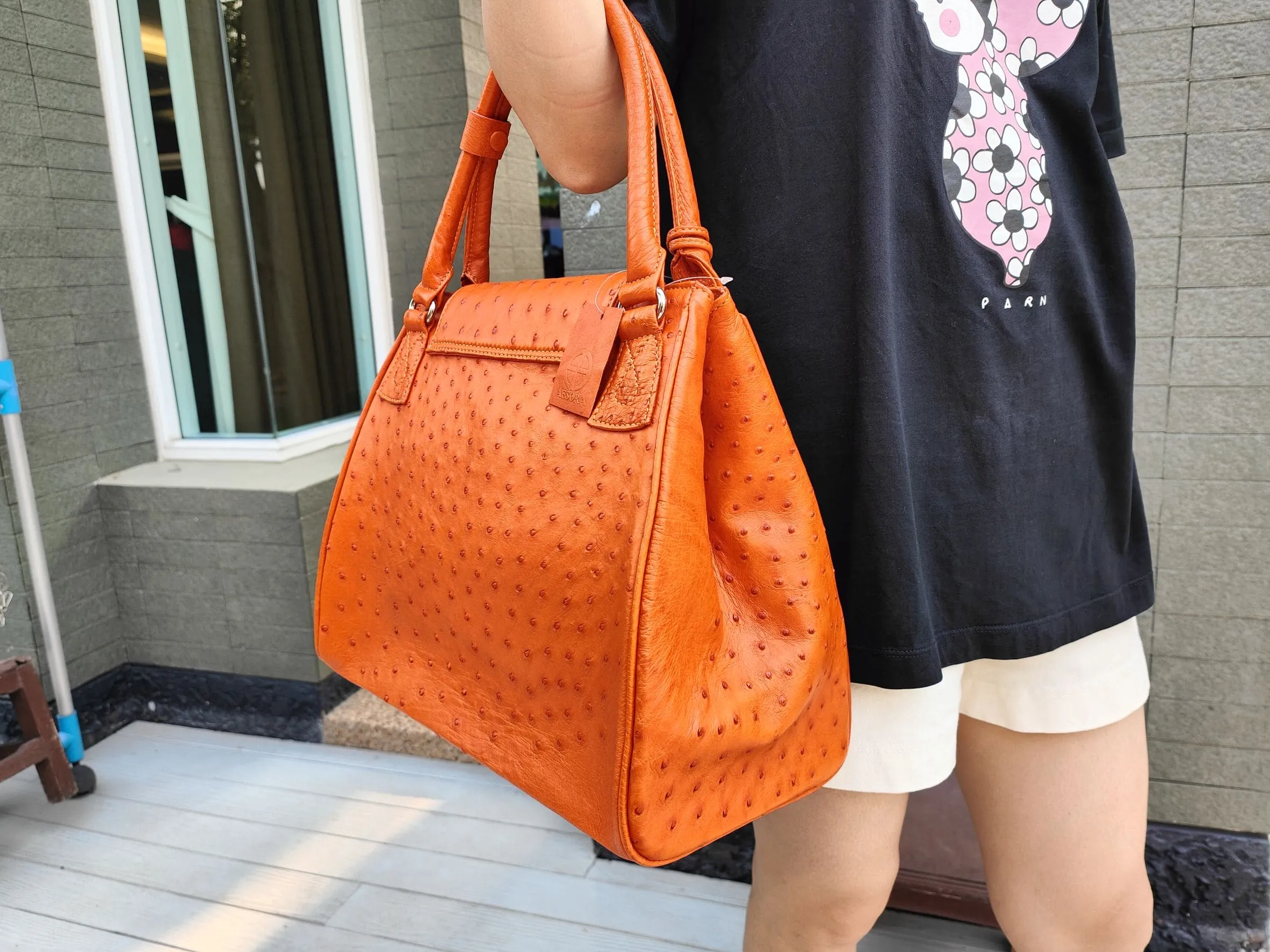 Exotic Orange Genuine Ostrich Skin Leather Handbag