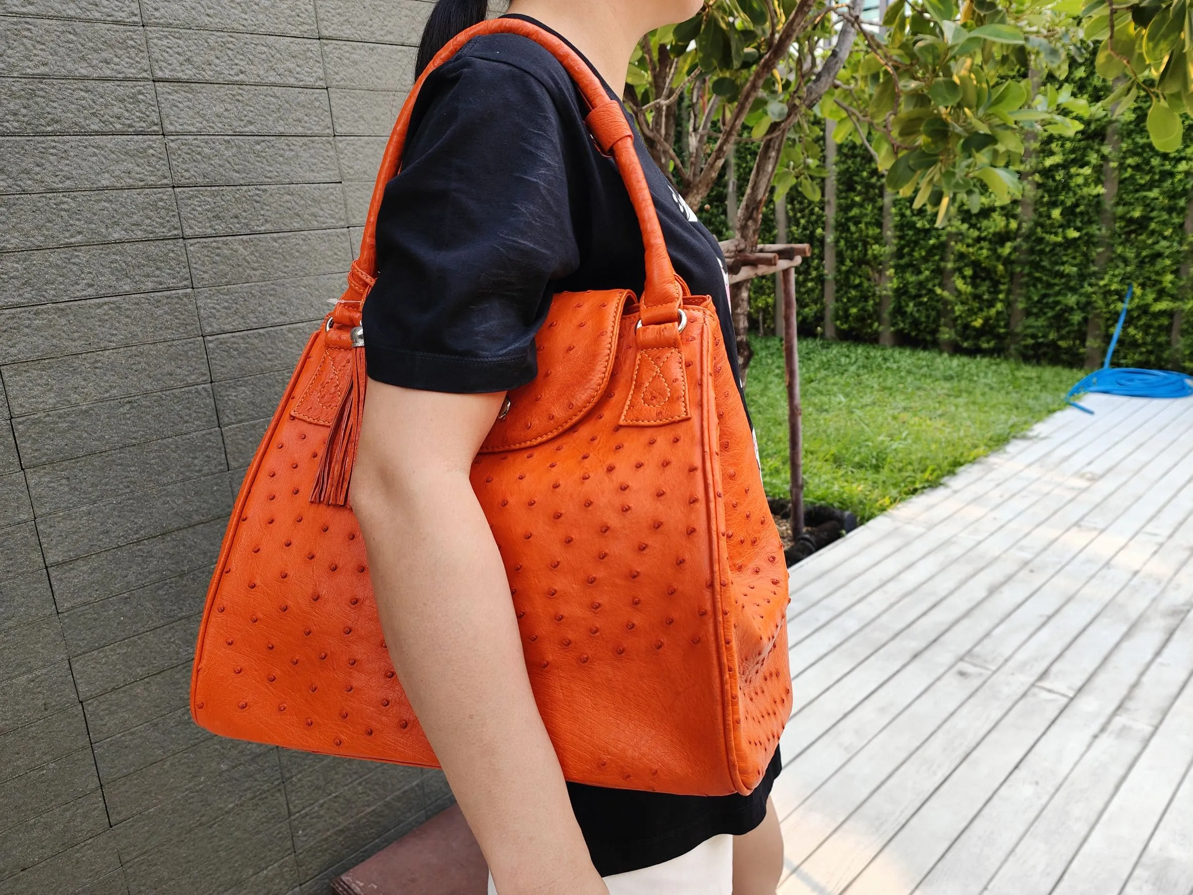 Exotic Orange Genuine Ostrich Skin Leather Handbag