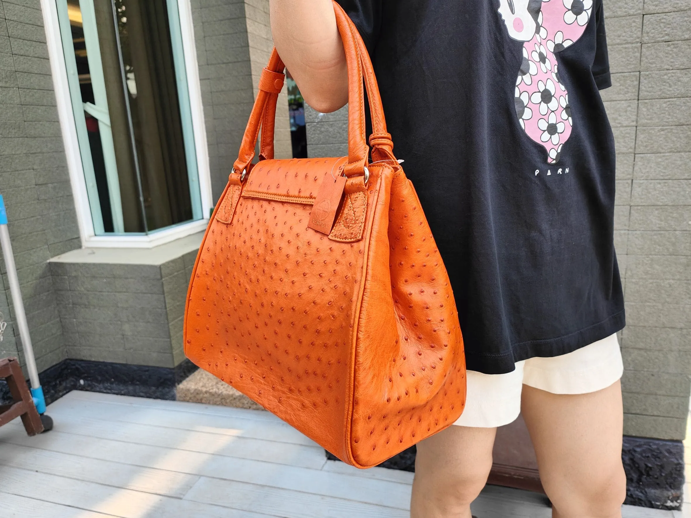 Exotic Orange Genuine Ostrich Skin Leather Handbag