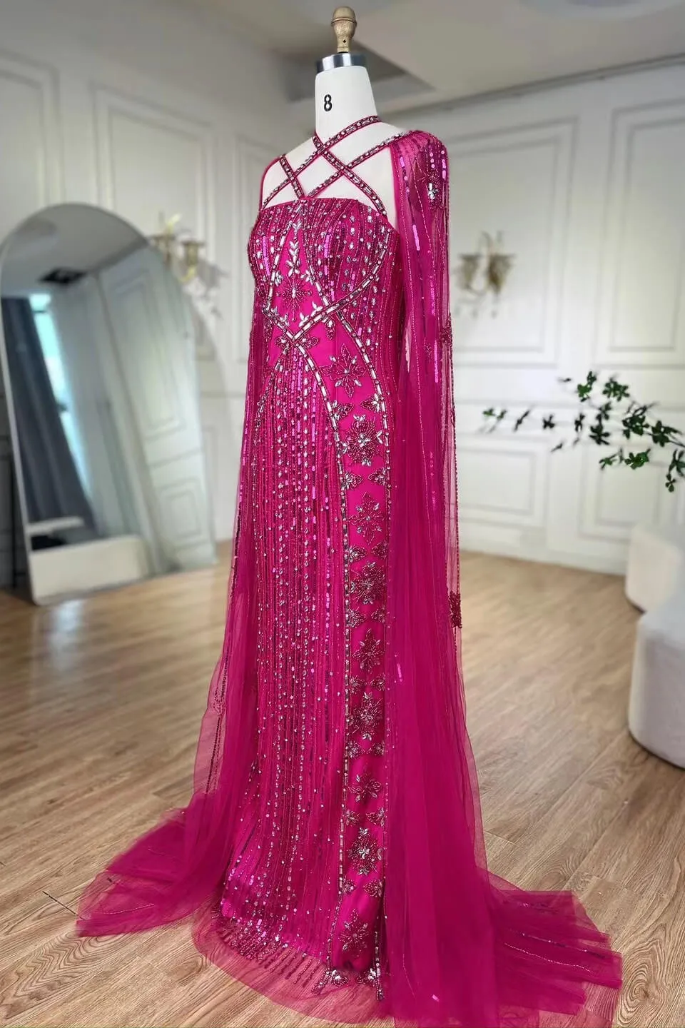 Fabulous Hot Pink Beadings Evening Dress Mermaid Long With Ruffle