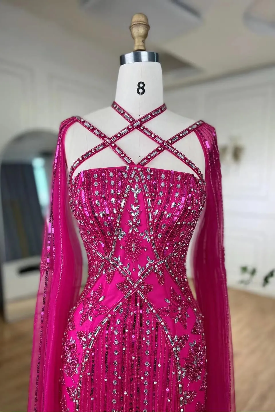 Fabulous Hot Pink Beadings Evening Dress Mermaid Long With Ruffle