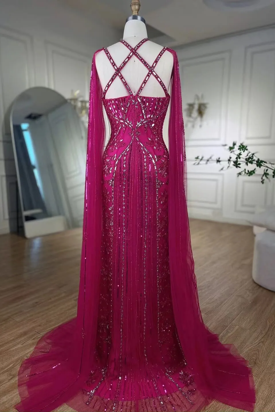 Fabulous Hot Pink Beadings Evening Dress Mermaid Long With Ruffle