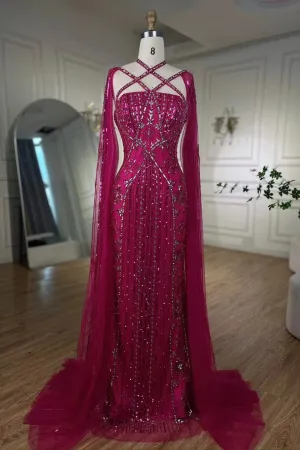 Fabulous Hot Pink Beadings Evening Dress Mermaid Long With Ruffle