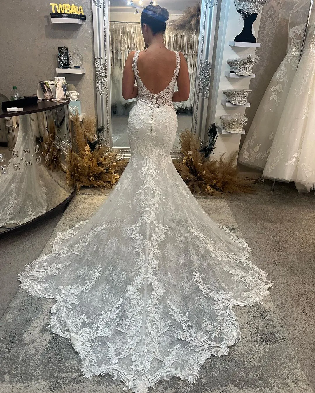 Fabulous Long Mermaid V-neck Sleeveless Lace Backless Wedding Dress