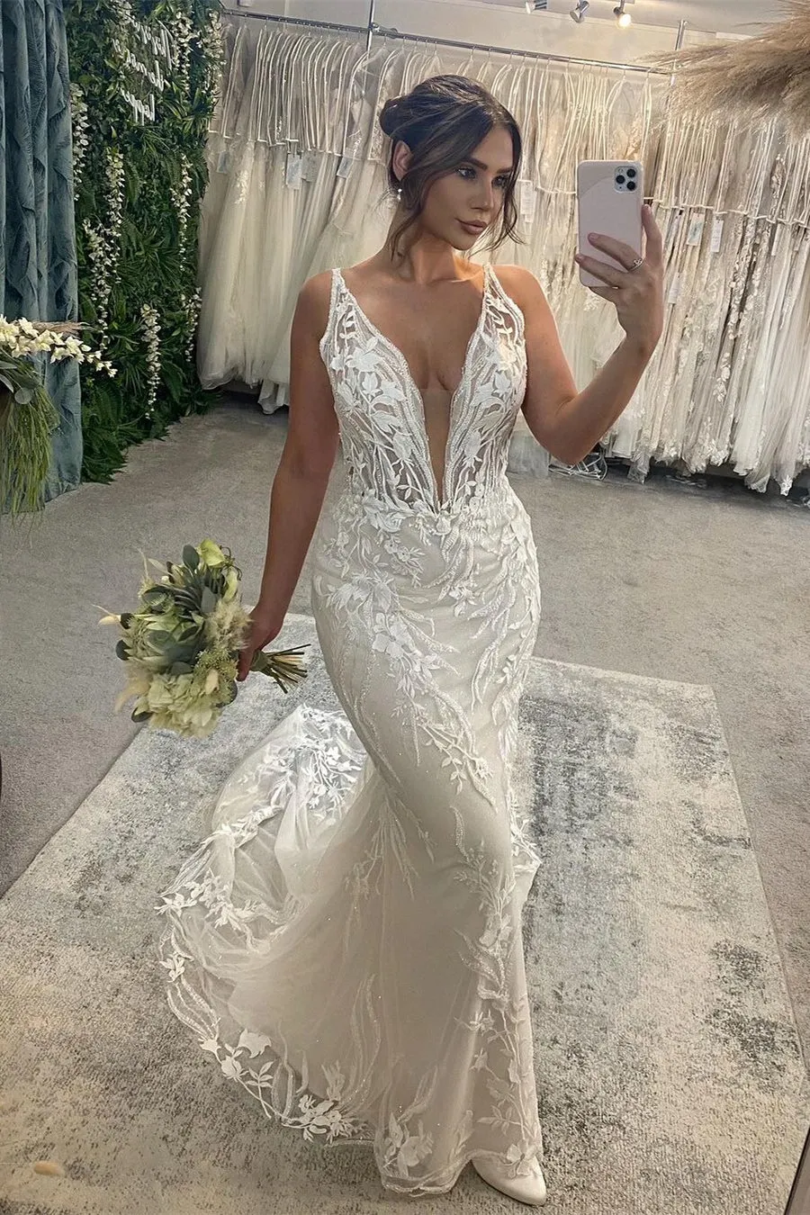 Fabulous Long Mermaid V-neck Sleeveless Lace Backless Wedding Dress